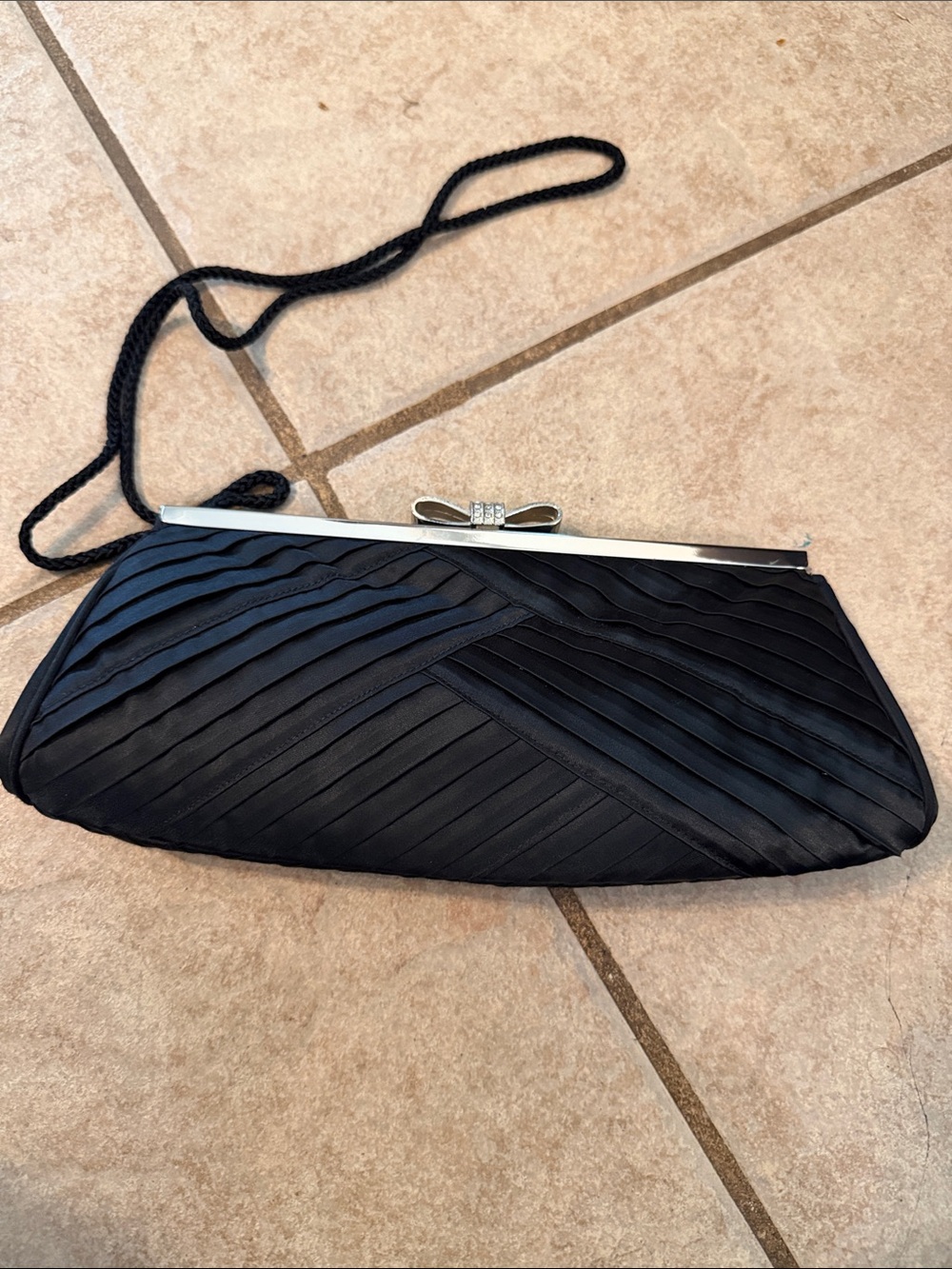 Kate Landry Black Satin Evening Clutch with Bow Accent